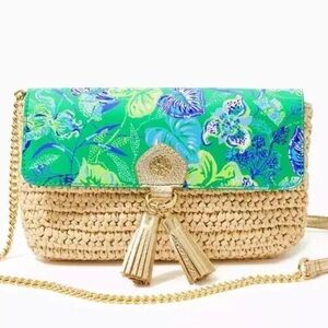 Lilly Pulitzer botanical green straw Crossbody messenger purse